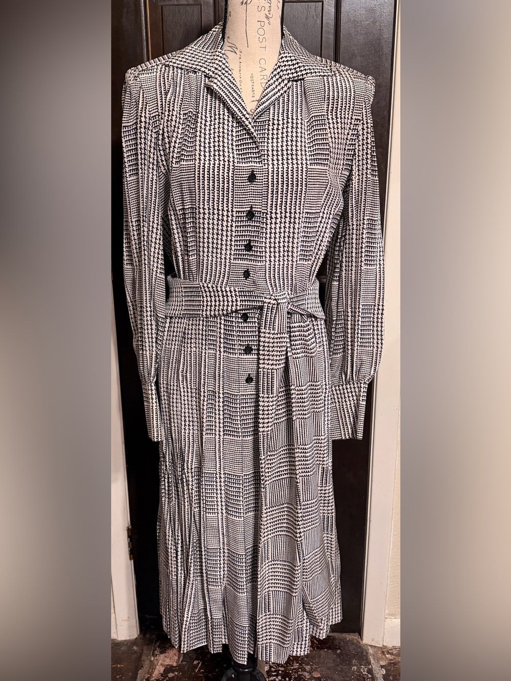 VTG 80s Adele Simpson New York 100% Silk Micro Houndstooth Plaid Dress M